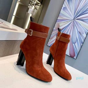 Tıknaz topuklu ayak bileği çizmeler moda gerçek deri toka fermuar kadınlar 10 cm yüksek topuklu sonbahar ve kış kısa boot mizaç ayakkabı yüksek