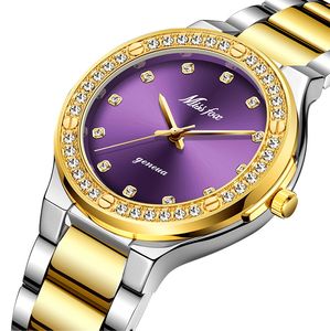 Dropshipping Продажа алмазных наручных часов для Женщин Сталь Два Тон Золото Женская Час Час Фиолетовый Кварцевый Наручный Час