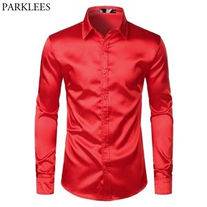 Mens Silk Satin Vestido Camisas Casuais Festa de Casamento Dança Manga Longa Camisa Homens Regular Fit Wrinkle Livre Tuxedo Camisa Masculino Chemise 210522