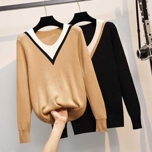 Loose Knitted Sweater Women Jumpers Long Sleeve V-neck Woman Pullovers Sweater Spring Autumn Color Block Casual Sweater 210604