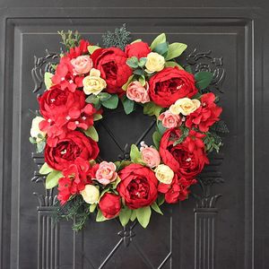 Dekoratif Çiçekler Çelenk Rustik Düğün Yapay Kırmızı Şakayık Çelenk Rattan Simülasyon Kapı Asılı Duvar Pencere Parti Dekor Ackdrops Akış