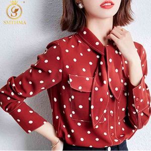 Elegante Frauen Polka Dot Blusen Formale Büro Dame Fliege Langarm Shirts Mode Chiffon Tops 210520