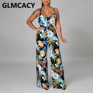 Spaghetti Strap Floral Printed Jumpsuit Summer Casual Wide Leg Overalls 210702