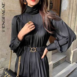 Elegant Dress Women's Spring High Collar Pleated Luster Design Bubble Sleeve Mid-calf Dresses With Belt 5A793 210427