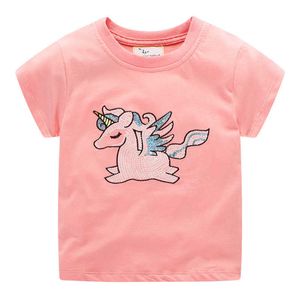 Jumping meters Top Brand Beading Dinosaurs Girls Cotton T shirts for Summer Children Clothing Fashion Designs Kids Tees Tops 210529