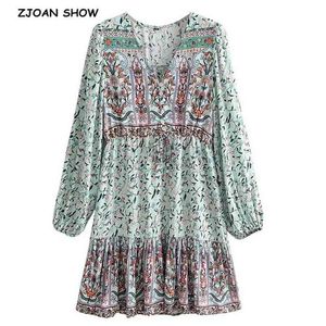 Bohemia V neck Location Floral Print Lantern Long Sleeve Short Dress Hippie Woman Adjustable Lacing up Waist Holiday Dresses 210429