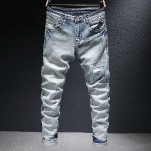 Korean Style Fashion Men Jeans Retro Light Gray Blue Elastic Cotton Slim Fit Ripped for Vintage Designer Denim Pants PBR1