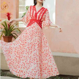 Fashion Summer Vintage Design Runway Dress Ladies Short Sleeve Floral Red Chiffon Pleated Dresses Femme Robe 210520