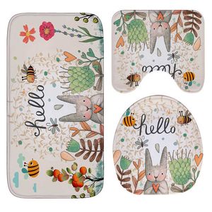 Honlaker Hello Rabbit Flannel Absorbent Non-Slip Mat Bathroom Toilet Mats Set Bath Rugs Toilet Covers 210724