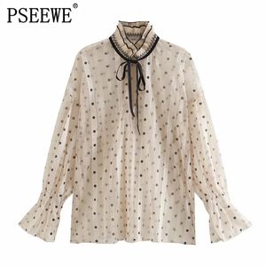 Top a pois semitrasparente in pizzo sexy Top vintage collo alto maniche lunghe moda contrasto fiocco cintura camicette femminili 210519