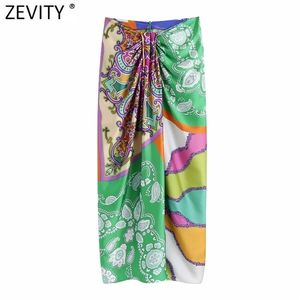 Zevity Women Vintage Cloth Patchwork Floral Print Knotted Sarong Skirt Faldas Mujer Female Back Zipper Chic Slim Vestidos QUN790 210730