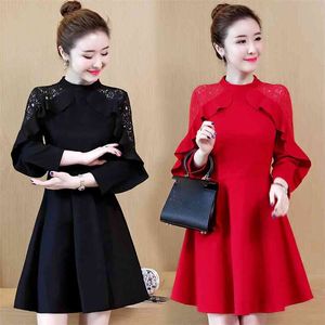 Damska wiosna jesienna sukienka koreański styl czysty kolor potargany koronki z długim rękawem cienki duży rozmiar ES QX905 210507
