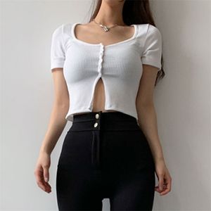 Klipp ut Ribbed Y2K Crop Top Short Sleeve Kvinnors T-shirt Kvinna Sommarknapp Upp Party Casual Vit Tee Streetwear 210510