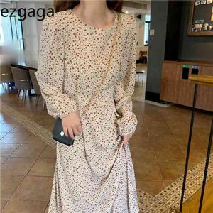 Ezgaga Floral Dress Women French Style Puff Sleeve Spring Tender Vintage Long Sleeve High Waist Dresses Loose Fashion 210430