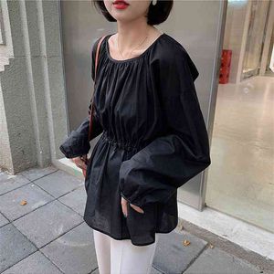 Qooth Women Green Blouse Loose Casual Long Sleeve Korean Student Cotton Shirts Black Elegant Tops Autumn Clothes QT166 210518