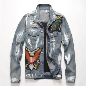 Mäns Slim Non-stretch Denim Jacka European och American Style Letter Flag Denims Jackets Trend