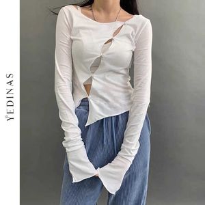 Yedinas Korean Slash Neck Slim T-shirt Long Sleeve Hollow Out Oblique Buckle Chic Design T Shirts Women Sexy Irregular Tee Shirt 210527