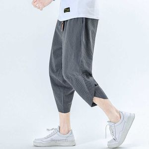 2021 Yeni Erkekler Yaz Pamuk Keten Harem Pantolon Moda Baggy Rahat Gevşek Kırpılmış Pantolon İpli Erkek Pantolon Streetwear X0723