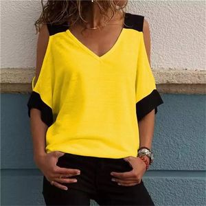 T-shirt patchwork con spalle scoperte da donna T-shirt taglie forti con scollo a V mezza manica T-shirt femminile estiva T-shirt casual per donna 210317