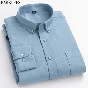 Мужская традиционная подходит для комфорта-первого хлопка Оксфордская рубашка Slim Fit с длинным рукавом мужские платья рубашки повседневная кнопка Homme Homme 210522