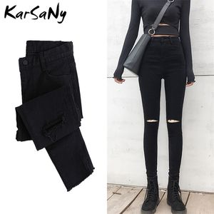 Skinny Ripped Jeans for Womenストレッチハイウエストブラック穴の破壊デニムパンツサマージーンズ210629