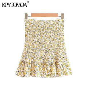 kpytomoaの女性甘いファッション花柄プリントRuffledミニスカートヴィンテージ高弾性ウエストスモッキング女性のスカートMujer 210621