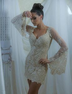 Sexy Light Champagne Short Cocktail Dresses Beaded Lace Long Flare Sleeve V Neck Mini Sheath 2021 Fashion Prom Party Gowns Custom Made