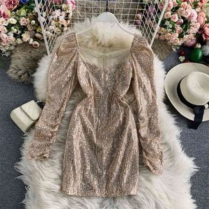 Spring and Autumn Sequined Square Neck Dress Sexy Backpack Hip Slim Short Skirt UK196 210507