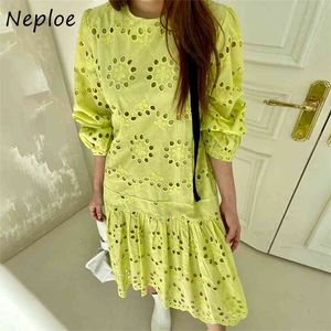 Sexy Lace Hollow Out Design Green Dresss Women High Waist Hip A Line Slim Vestido O Neck Pullover Long Sleeve Robe Spring 210422