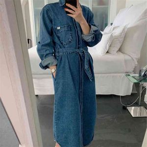 Höst vinter jeans klänning kvinnor singel breasted lös casual es denim kvinnlig vestidos maxi jacka coat 210601