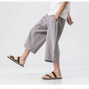 Baggy Cotton Linen Harem Pants Men 2021 Summer Men Harajuku Streetwear Hip Hop Wide Leg Trousers Casual 3/4 Pant X0723