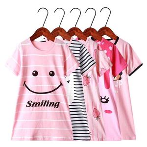 Summer Pajamas Cotton Girls Nightgowns Cartoon Nightdress Baby Sleepwear Sleepshirt Short-sleeve Nightwear Children Cute Clothes 210915