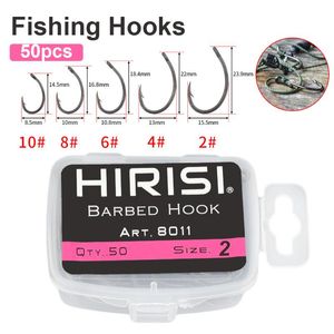 Fiskekrokar 50st Portable Fishhooks 5 Storlekar Kolstål Robust Barb Karp för sötvatten saltvatten med plastlåda