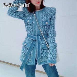 TWOTWINSTYLE Vintage Blue Denim Jacket With Belt Waisted Ripped Hole Women Coat Autumn Long Sleeve Pockets Streetwear 211014