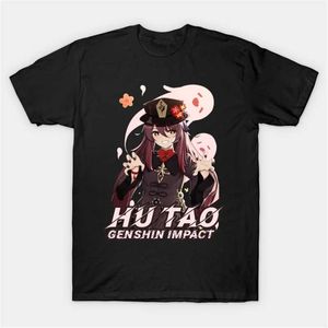 Genshin Impact T Shirt Zhongli Hu Tao med Ghost Print Top Tee Anime Game Manga Funny Harajuku Streetwear Tshirt Halloween Gift Y0901