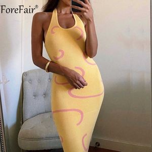 Forefair Midi Bodycon Bandage Sexy Party Dresses Backless Sleevess Halter Pescoço Off Should Impressão Y2K Verão Mulheres Vestido 2021 Y0603