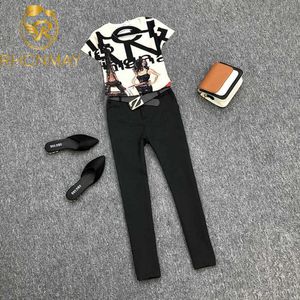 Summer Women's Clothing Letter Printted Short Sleeve Shirt Blouse + Elegant Slim Ankle length Pants Suits 2 piece Set Outfits