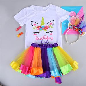 Set di abbigliamento Fashion Unicorn girocollo T-shirt Lace Princess gonna corta + set di quattro pezzi a forcina per cartoni animati Abito natalizio all'ingrosso