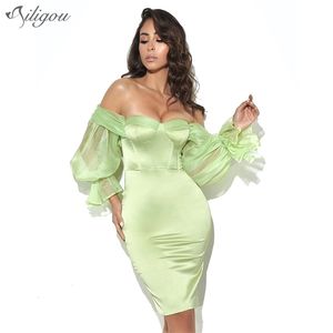 Summer Women Fashion Off Shoulder Mini Dress Sexig Long Lantern Sleeve Light Green Celebrity Runway Club 210525