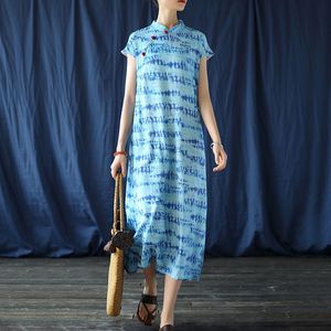 Chinese Style Tie Dye Blue Cheongsam chambray dress for Women - Short Sleeve Cotton Linen Button chambray dress