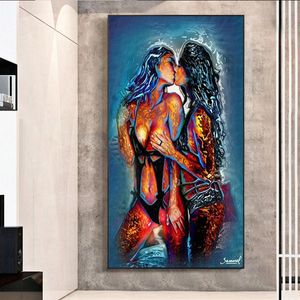 Abstrakt Porträtt Två Hot Girl Kissing Wall Art Pictures Cuadros Canvas Painting Prints för vardagsrum Sovrum FrameLess