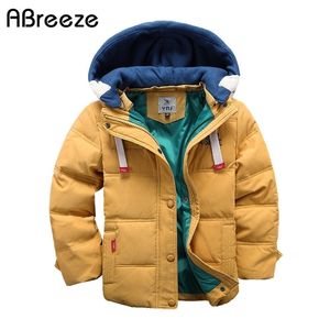 Abreeze Barn Down Parkas 4-10T Vinter Kids OuterWear Boys Casual Warm Hooded Jacket för Solid Coats 211203