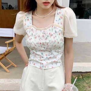 Summer Gaze Patchwork Print T-shirts Kvinnor Korta Blusar Temperament Square Collar Womens Crop Tops Blusas Mujer 210514