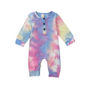 Комплекты одежды Baby Boy Boy Bown Button Rompers, с длинным рукавом галстук-краситель Печать один кусок комбинезон падает теплая одежда