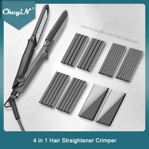 Professional 4 in 1 Straightener Crimper Ceramic Hair Curler Styler Interchangeable Plates Corrugated Curling Flat Iron 38