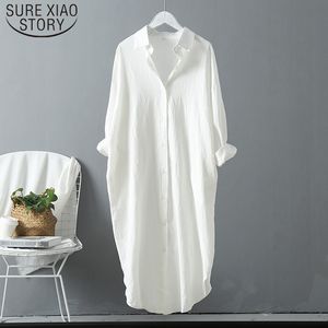 Algodão Longo Seção Camisas Plus Size Verão Mulheres Blusas Linen Cottons Casuais Branco / Blue Senhoras Tops 6793 50 210510