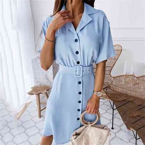 ファッションのミディドレスベルトの女性の夏のカジュアルな色の半袖Vネックボタンシャツドレスvestidos de fiesta 210508