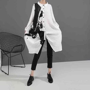 Korean Style Woman Long Sleeve White Print Shirt Dress Painting Plus Size Straight Girls Casual Midi Loose Robe Femme Inkjet Random