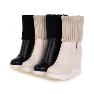 Chainingyee Elegant Style Round Head Mid Calf Boots Stretch Waterproof Platform High Heel Increasing Womens Riding Boot Rain Me