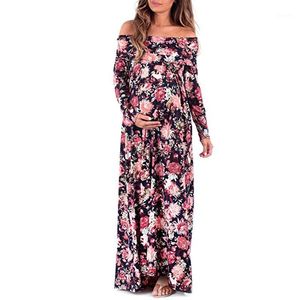 Moderskapsklänningar golvlängd gravid kvinna dres sfloral mamma graviditet frocks vacker retro axelfri klänning för pek